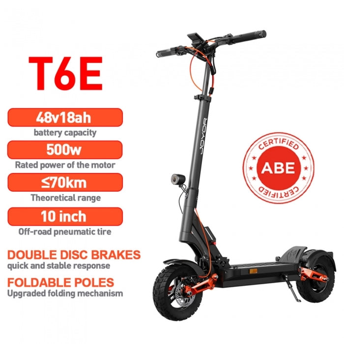 Joyor T6E Electric Scooter with ABE Certification 500W Motor 48V 18Ah Battery 10 inch Tires 20km/h Max Speed 70km Range